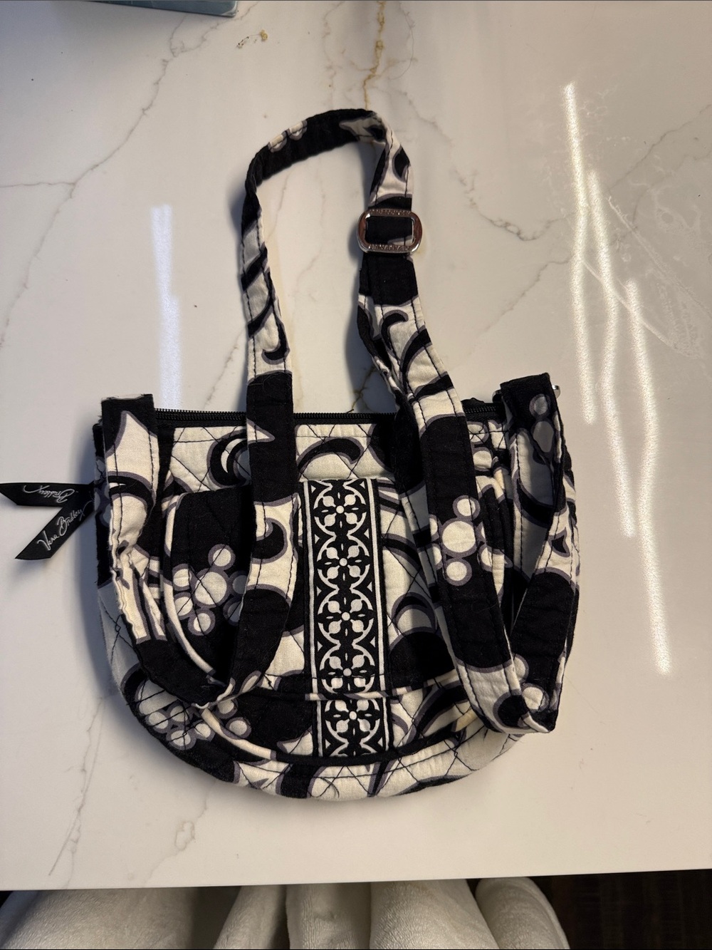 Vera Bradley Black & White Quilted Tote with Patterned Center Panel